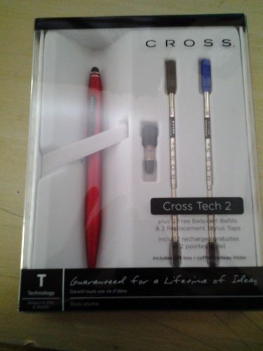 Cross Tech 2 Metallic Red Ball Point Pen/Stylus With 2 Ink Refills / Stylus Tops