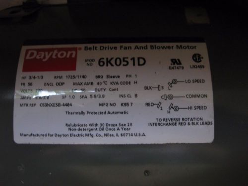 Dayton 6K051D 3/4hp Belt Drive Fan Blower Motor 230V 1725RPM 1140RPM 2 Speed