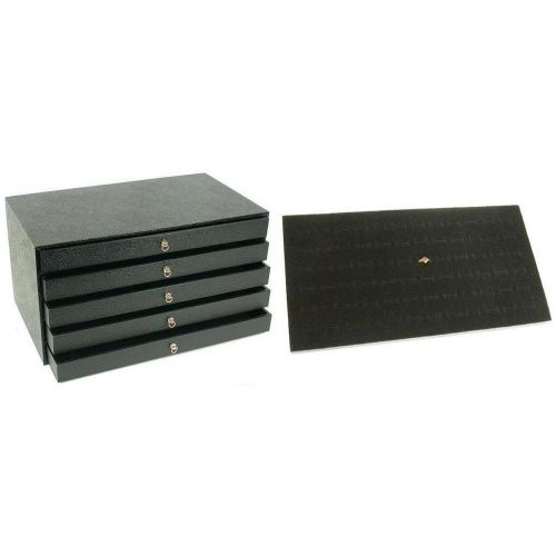 5 Drawer Jewlery Storage Case &amp; Black Foam Ring Display Tray Inserts Kit 6 Pcs