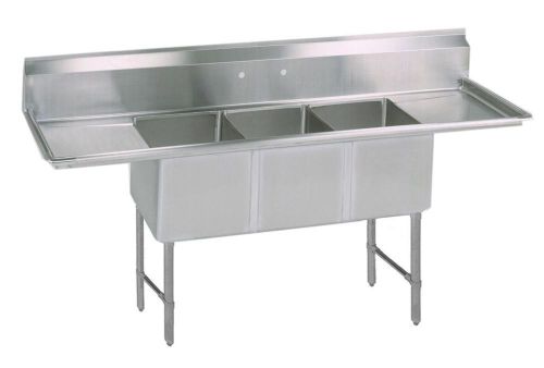 Bk resources 84&#034; (3) compartment sink s/s leg 18&#034; left &amp; right drainboard - bks- for sale