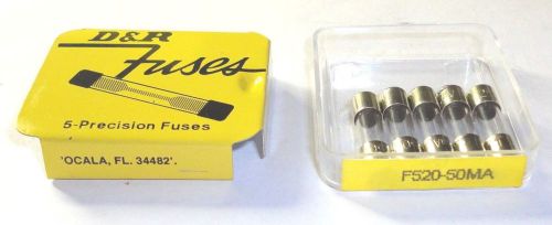 BOX OF 5 NOS TYPE GMA D&amp;R F520-50MA (1/20 AMP)  FAST BLOWING 5mmx20mm FUSE 250 V