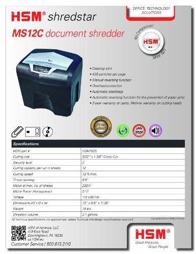 Hsm shredstar ms12c, 12 sheet, cross-cut, 2.1-gallon capacity shredder for sale