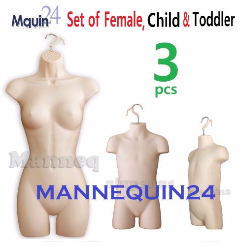 3 MANNEQUINS: HARD PLASTIC HANGING FEMALE, CHILD &amp; TODDLER BODY FORMS *FLESH