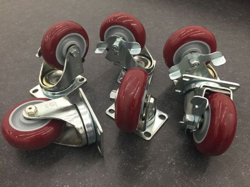 Lot of 6 red 3 - 1/2&#034; polyurethane casters industrial wheels table desk for sale
