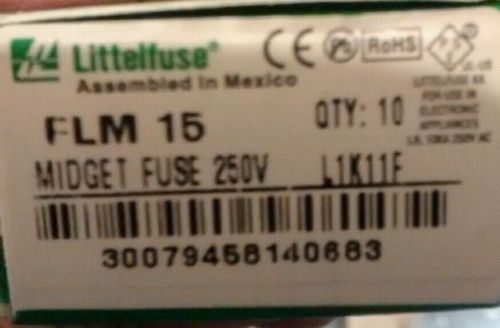 LITTLEFUSE MODEL FLM 15 MIDGET TIME DELAY  FUSE 250V LOK23F BOX OF 3