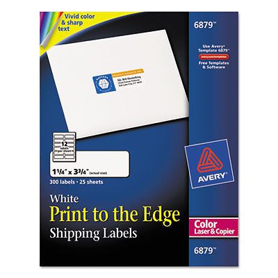 Color Printing Mailing Labels, 1 1/4 x 3 3/4, White, 300/Pack 6879