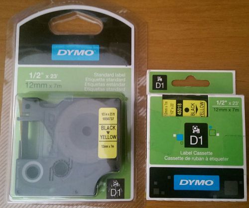 Dymo D1 Label Cassette 1/2&#034;  X 23&#039; - 1858737 Yellow/Black - 2 pack