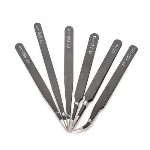 6pcs safe anti-static stainless steel tweezers set maintenance repair tools w/ for sale
