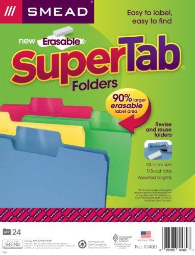 Smead Erasable SuperTab? File Folder, Erasable Oversized 1/3-Cut Tab, Letter