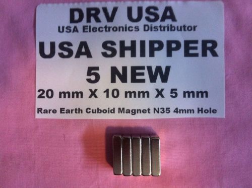 5 Pcs New 20 mm X 10 mm X 5 mm  Rare Earth Cuboid Magnet N35 4mm Hole USA Ship