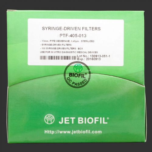 Syringe filters, ptfe, 0.45 micron, 13 mm, sterile, box of 100 for sale