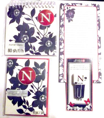 Lot of 4 Office Supplies - MONOGRAM N - Note Cards List Pad Journal Book Clips