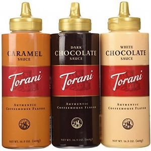 Torani Sauce 3 Pack Chocolate, Caramel, White Chocolate 16.5 Oz With NEW