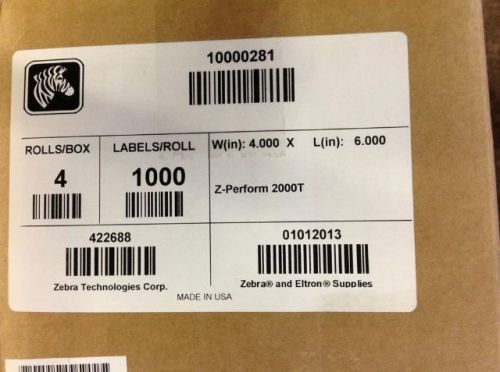 Zebra Z-Perform Labels (4&#034;x6&#034;) - 1000 per roll (4 rolls) 10000281 NEW