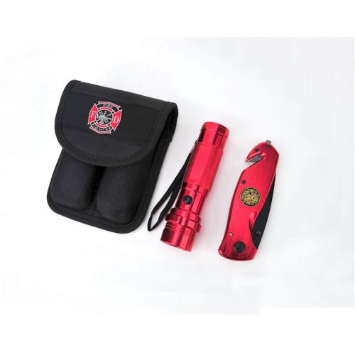 Fire engine red firefighter knife and flashlight combo set for sale