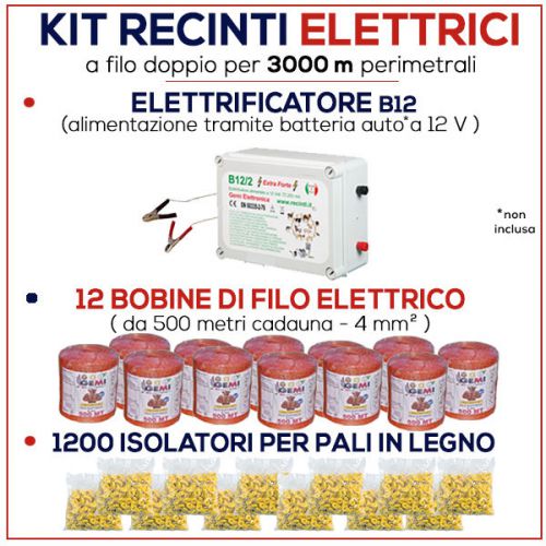 Electric fence complete kit for 3000 mt - energizer b/12 + wire + insulators for sale