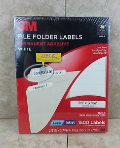 3M 3300-F File Folder Labels Laser/Inkjet 2/3&#034; x 3 7/16&#034; 1500 Labels  Free Ship