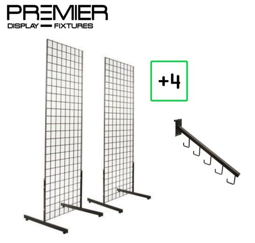 Two 2&#039; x 6&#039; gridwall panel tower t-base bar display &amp; 4 - 5 hook waterfall black for sale