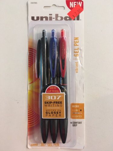 Uni-ball 307 Retractable Gel Pens 5mm 3 Pack Micro Assorted Colors NEW