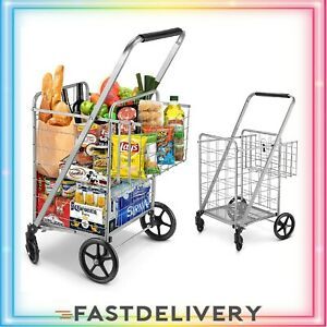 Shopping Cart, Jumbo Double Basket Grocery Cart 330 lbs Capacity Folding Cart