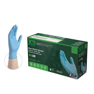 X3 Industrial Blue Nitrile Gloves, Box of 100, 3 Mil, Size Medium, Latex Free, P