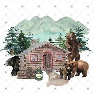 Bear in the Woods Cabin Sublimation Transfer, Ready to Press, Rustic, Bears, Sub