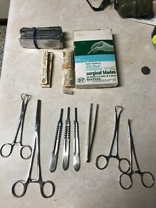 Vintage Surgical Medical Instruments Clamps Sponge Holders Scissors Knife Blades