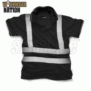 Standsafe Reflective Security Hi Vis Work Polo T-Shirt, Short Sleeve, Black