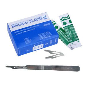 Stainless Steel Scalpel Handle + 100pcs Surgical Scalpel Sterilized Blades 15#