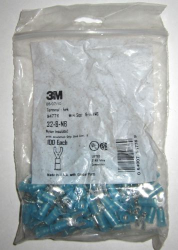 NEW 3M 94776 Nylon Insulated Locking Fork Terminal 16-14 AWG #8 Blue 100 Pack