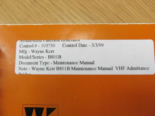 WAYNE KERR B801B VHF Admittance Bridge Maintenance Manual
