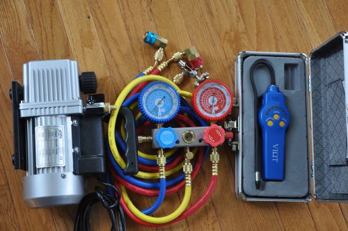 HVAC Tool Kit:Deep Rotary Vacuum Pump+Manifold Gauge+Leak Detector+R134a Coupler