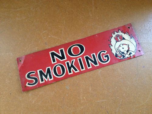NO SMOKING SIGN Gas Pump Vtg Old Tin Metal Fireman Red 14&#034; x 4&#034; Red