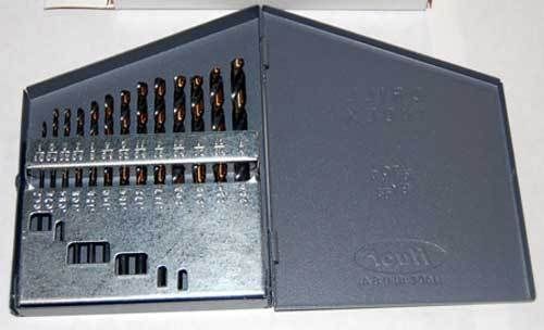 13 pcs. 1/16&#034;-1/4&#034;x64ths gold &amp; black heavy duty jobber drill set w/ huot index for sale