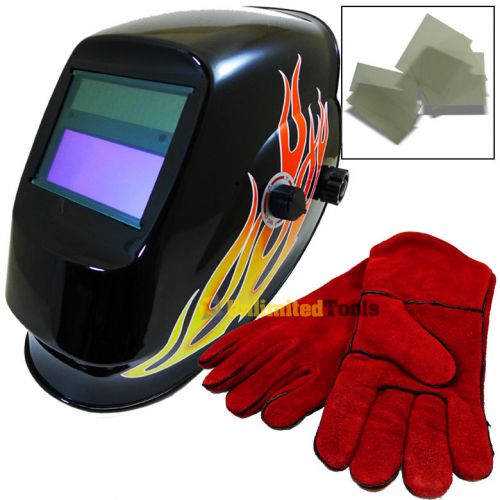 14&#034; HD Durable Welding Gloves &amp; SKULL/FLAME Auto Dark Welding Helmet Safety Gear
