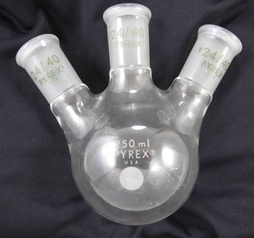 Corning pyrex glass 250ml angled 3-neck round bottom distilling flask 24/40 for sale