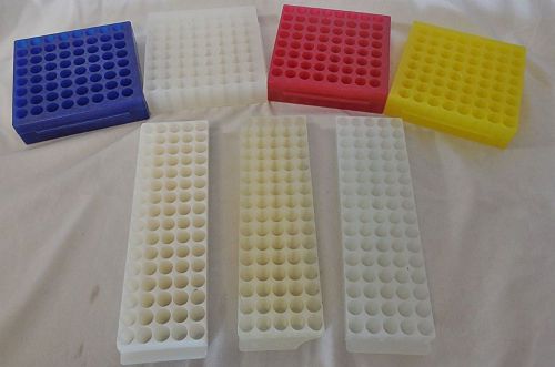 Lot of 7 Lab Test Tube Vial Racks - Multicolor, Assorted Sizes, 4 Reversible