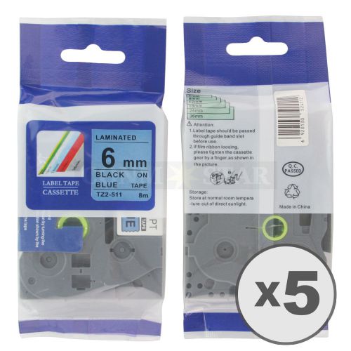 5pk black on blue tape label compatible for brother p-touch tz tze 511 6mm 1/4&#034; for sale