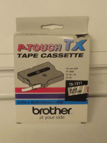 Brother P-Touch TX-1311 Black on Clear cassette 1/2&#034; x 50&#039; NEW - FREE shipping!