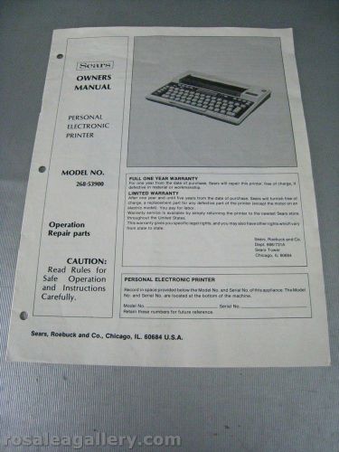 Vintage Sears Personal Electronic Printer Model 268-53900 Owners Manual