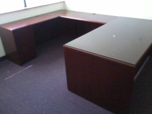 Large ofs executive office u-shaped desk - 103&#034; w, 71&#034; d, 5 drawers,w/glass&amp;key for sale