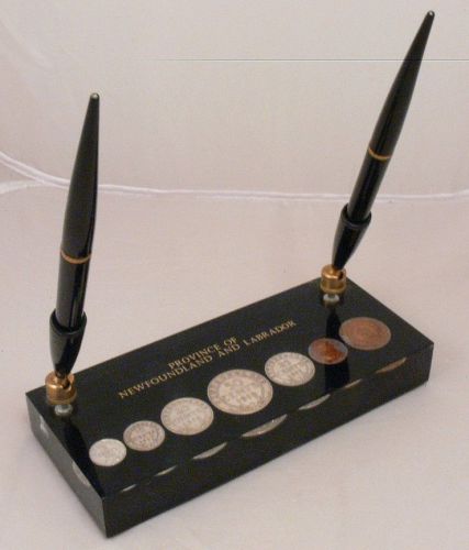 Vintage newfoundland labrador desk pen set with coins in lucite 1912 to 1947 for sale