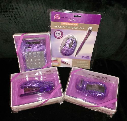 Bling purple rhinestone desk set calculator, stapler, tape dispenser, mouse, pen for sale