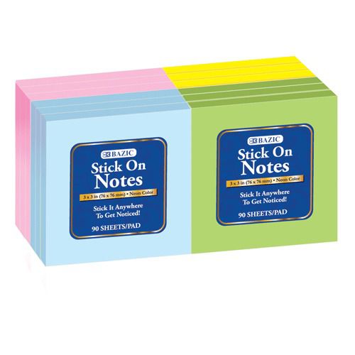 BAZIC 100 Ct. 3&#034; X 3&#034; Stick On Note (12/Shrink), Case of 12