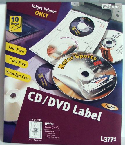 CD / DVD Labels 10 Sheets Matte Finish, Injet Printer Only,  NIP!!! Avery 5931
