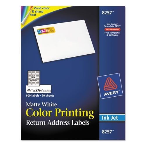 Avery 8257 Color Inkjet Labels, Rectangle, 3/4&#034;x2-1/4&#034;, 600/PK, Matte White
