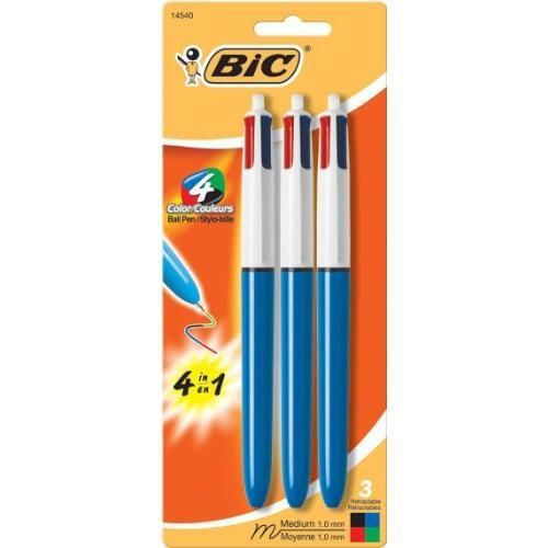 BIC 4-Color Ball Pen, Medium Point (1.0mm), Assorted Ink, 3-Count New