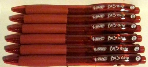 6 Bic BU3 Grip Ballpoint Pens - Red Ink - Medium Lines 1.0mm