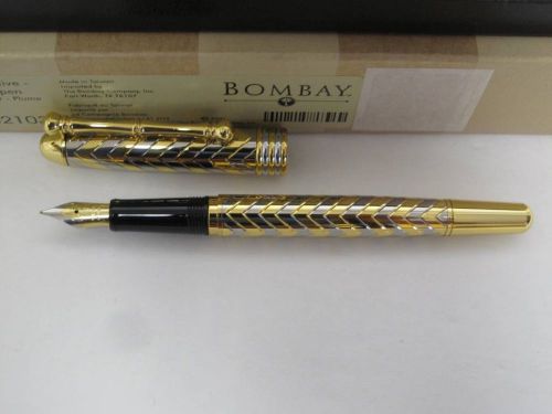 Bombay The Executive Fountain Pen Chevron Design Gold &amp; Silver Bamboo Clip