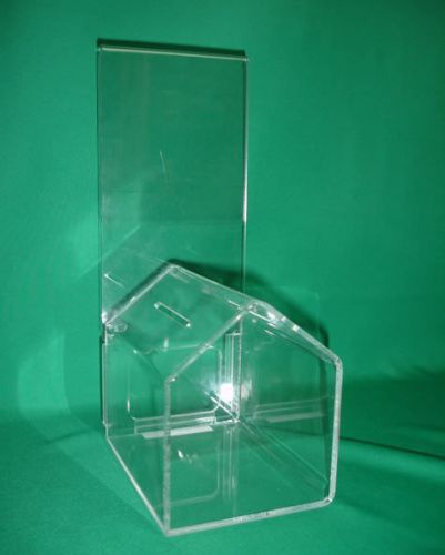 Strong acrylic &#034;dog-house&#034; shaped donation brief box with padlock rl for sale